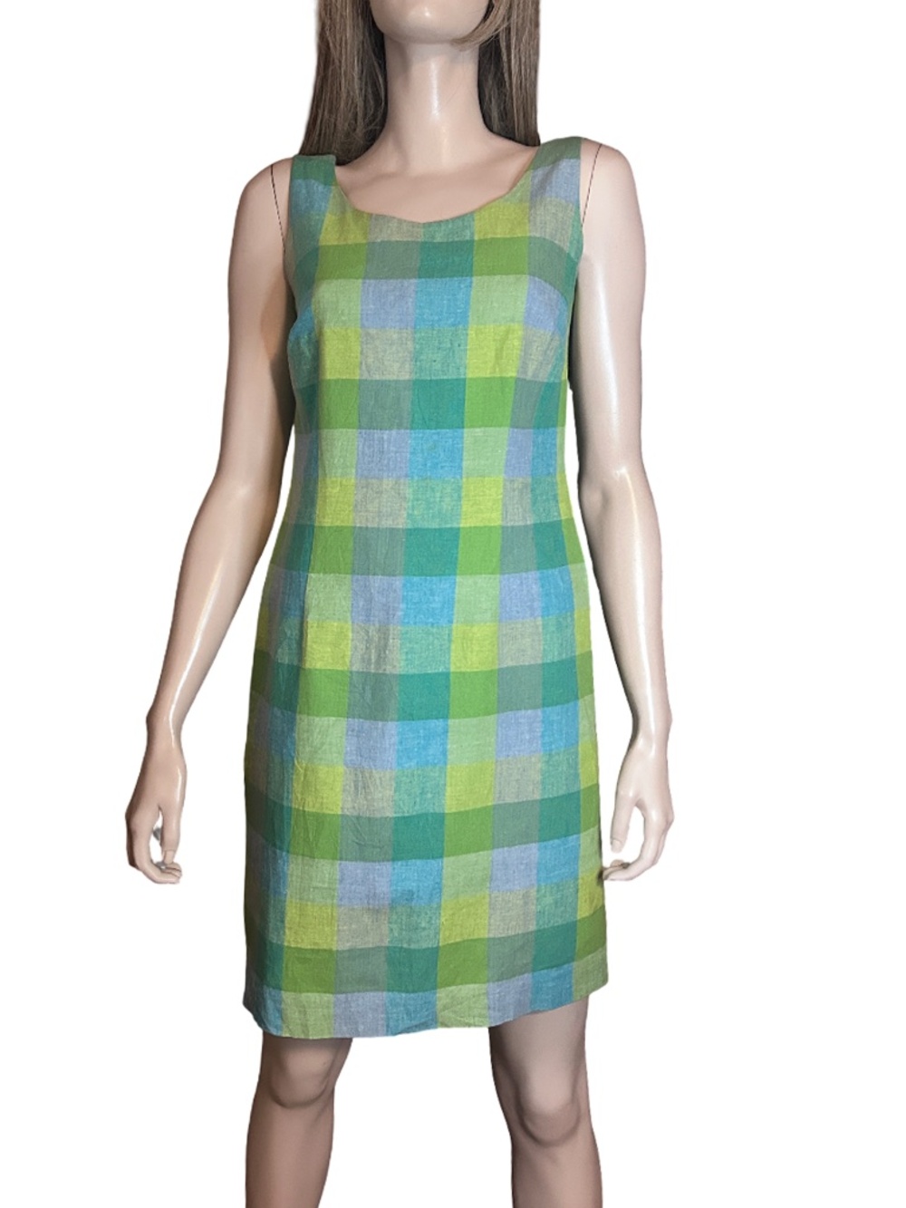 Laura Ashley Linen Cotton Blend Sleeveless Dress Plaid Check Vintage 90s